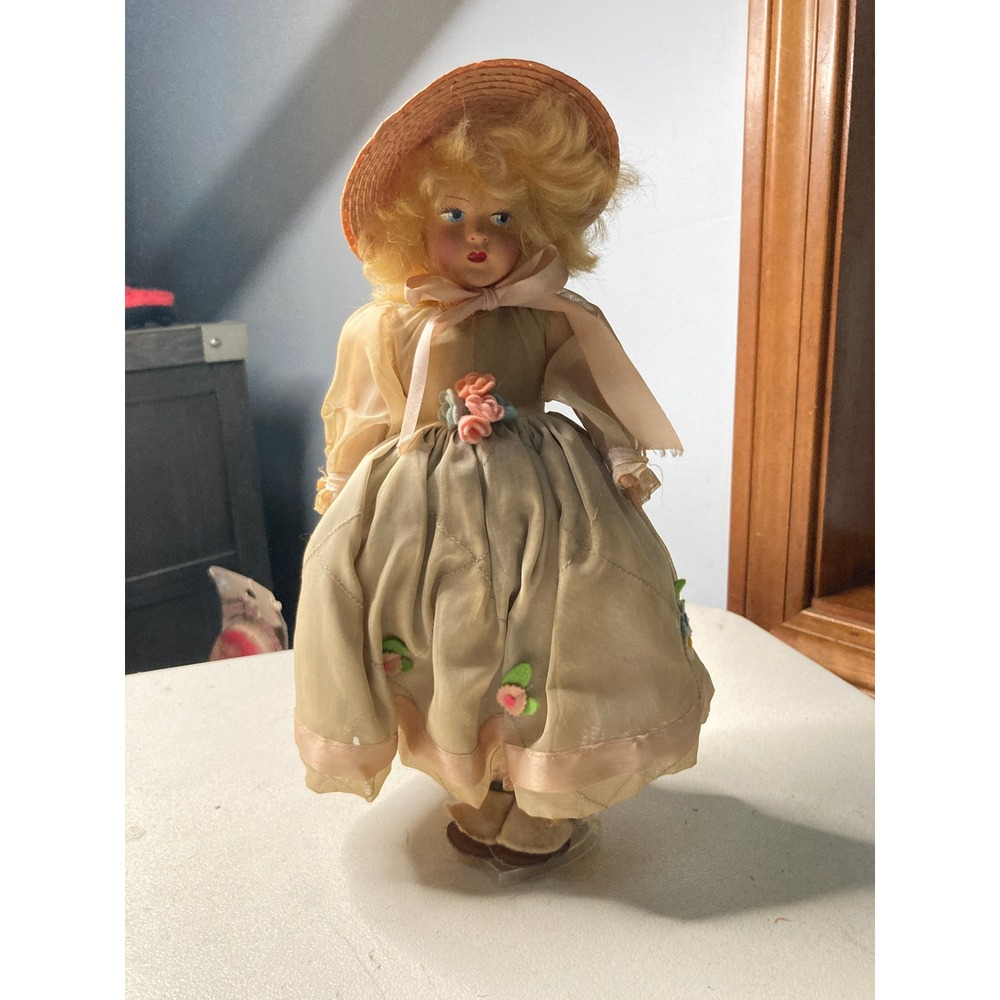 Vintage Gloria Composition Doll Blonde Hair Straw Hat Floral Dress Heart Stand